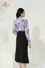 10618T14 - Áo lụa silk tím họa tiết xếp bèo