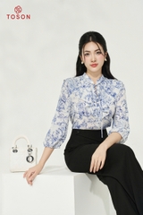 14621H94 - Áo lụa silk cổ tàu xếp tà bong