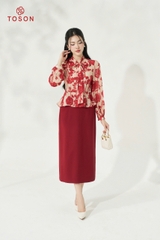 19532H14 - Áo họa tiết hoa đỏ cổ nơ