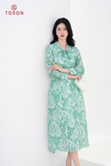 44638H94 - Đầm silk họa tiết, cổ đức buộc nơ
