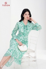 44638H94 - Đầm silk họa tiết, cổ đức buộc nơ