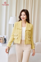 82981V14 - Áo vest dạ tweet vàng 2 túi ốp phối dây dệt