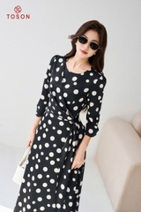43517J14 - Đầm xoè tà bong, lụa đen chấm bi trắng