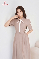 40514N14 - Đầm nâu dáng xòe cố phối trắng
