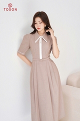 40514N14 - Đầm nâu dáng xòe cố phối trắng