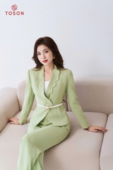 S8258X24 - Bộ vest xanh: Vest thắt đai cổ lượn sóng + quần.