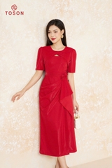 49502D94 - Đầm tiệc đỏ, eo xếp ly đính hoa TT