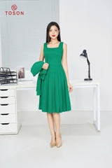 B8482X84 - Bộ text xanh: Áo vest lửng ve bầu + Đầm xòe sát nách