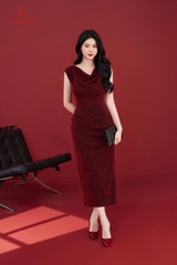 41630D14 - Đầm u mì đỏ cam chấm kim tuyến