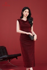 41630D14 - Đầm u mì đỏ cam chấm kim tuyến
