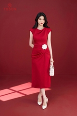 46147D14 - Đầm lụa đổ eo xếp ly đính hoa