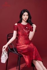 49530D94 - Đầm tafta họa tiết đính hoa trang trí