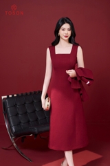 B8405D14 - Bộ text nhung đỏ đô: Vest lửng + Đầm