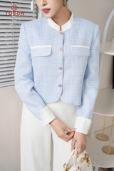 83525X34 - Vest text xanh cổ tàu phối trắng