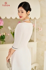 46874W94 - Đầm tweet trắng dáng A, cổ đính nơ hoa