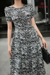 41001 - Đầm xoè xếp ly lụa silk hoạ tiết