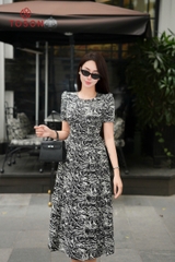 41001 - Đầm xoè xếp ly lụa silk hoạ tiết