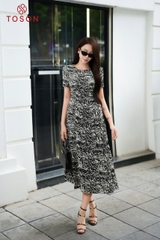 41001 - Đầm xoè xếp ly lụa silk hoạ tiết