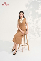 B1301E35 - Bộ đũi hàn be: Áo cổ phối tơ + Chân váy
