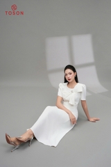 49133W05 - Đầm trắng xòe,cổ đính nơ cách điệu (limitted)