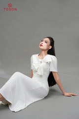 49133W05 - Đầm trắng xòe,cổ đính nơ cách điệu (limitted)