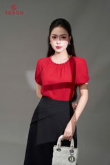 11009W35 - Áo lụa trắng đục, cổ tết dây đính cườm