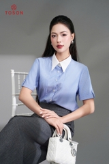 12037K95 - Áo kẻ xanh thô, cổ phối trắng