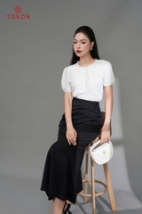 11009W35 - Áo lụa trắng đục, cổ tết dây đính cườm