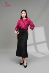 11004N95 - Áo tơ nâu tay bồng cổ đính hoa