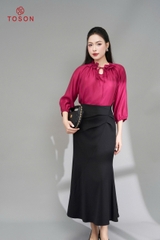 11004N95 - Áo tơ nâu tay bồng cổ đính hoa