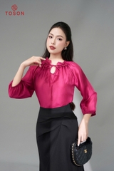 11004N95 - Áo tơ nâu tay bồng cổ đính hoa