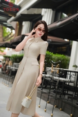 43027E05 - Đầm đũi nhật be cổ đức thắt đai eo