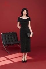 49669B34 - Đầm đen kim tuyến bling trễ vai