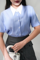 12037K95 - Áo kẻ xanh thô, cổ phối trắng