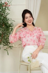 11927H94 - Áo tơ hồng đậm, cổ V xếp bèo (sxtn)