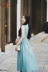 42109X14 - Đầm xòe sát nách, tơ xanh nhăn