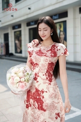 49064H05 - Đầm xòe lụa silk họa tiết hoa đỏ