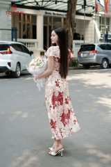 49064H05 - Đầm xòe lụa silk họa tiết hoa đỏ