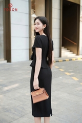 41021B35 - Đầm đen peplum đính hoa - đũi nhật