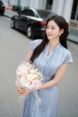 43003X35 - Đầm xòe tơ kẻ xanh vai chờm