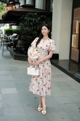 43049H95 - Đầm tơ hoa hồng cắt can ly xòe