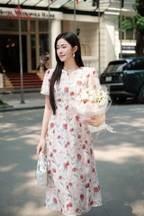 43049H95 - Đầm tơ hoa hồng cắt can ly xòe