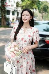 43049H95 - Đầm tơ hoa hồng cắt can ly xòe