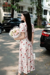 43049H95 - Đầm tơ hoa hồng cắt can ly xòe