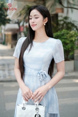 43043H95 - Đầm xòe nơ eo, tơ loang xanh nhạt