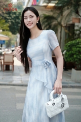 43043H95 - Đầm xòe nơ eo, tơ loang xanh nhạt