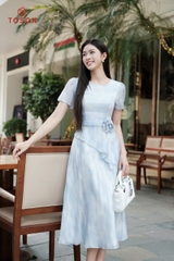 43043H95 - Đầm xòe nơ eo, tơ loang xanh nhạt