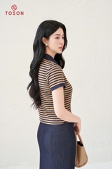 AP416K35 - Áo cotton kẻ nâu cổ phối tím than