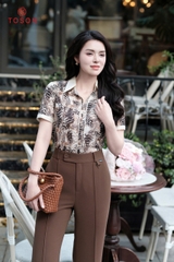 12151H95 - Áo lụa da báo cổ phối be kem