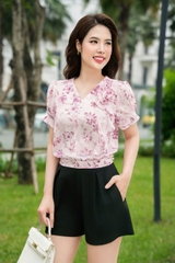 14019H95 - Áo hoa tơ dáng bo gấu đính hoa